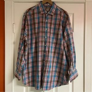 Peter Millar Button Up Shirt Mens XXL Blue Brown pink Plaid Cotton Collection